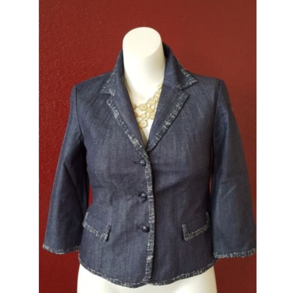 Talbots Petites Grace Fit Denim Jacket Blazer • Tweed Trim • NWT • Size 4P / 8P